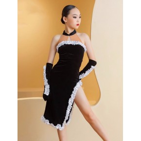 Girls kids balck velvet with white edging ruffles latin dance dresses side slit long length salsa rumba chacha latin dance costumes for children with gloves